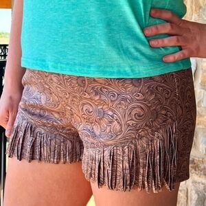 NWT Brown Tooled Leather Patterned Women's Shorts With Fringe